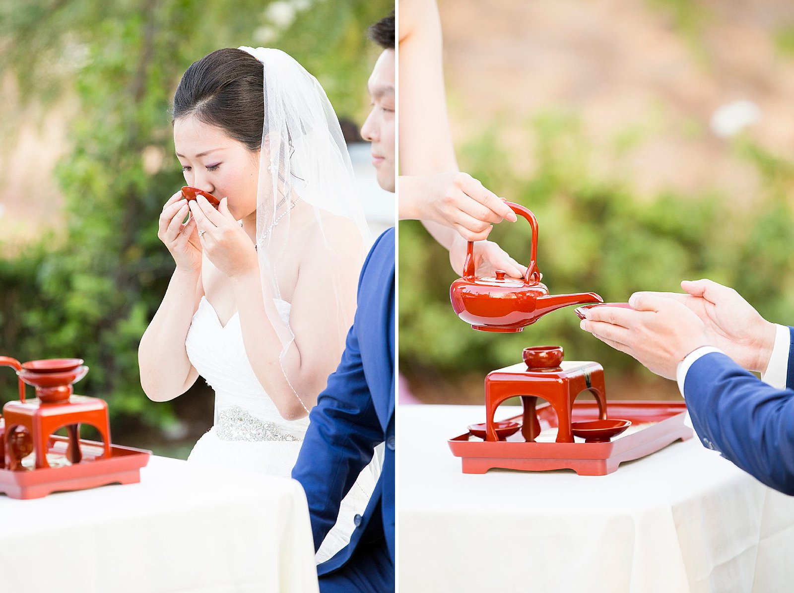Japanese tradition of exchanging Sake during wedding ceremony photographed by Randi Michelle Photography