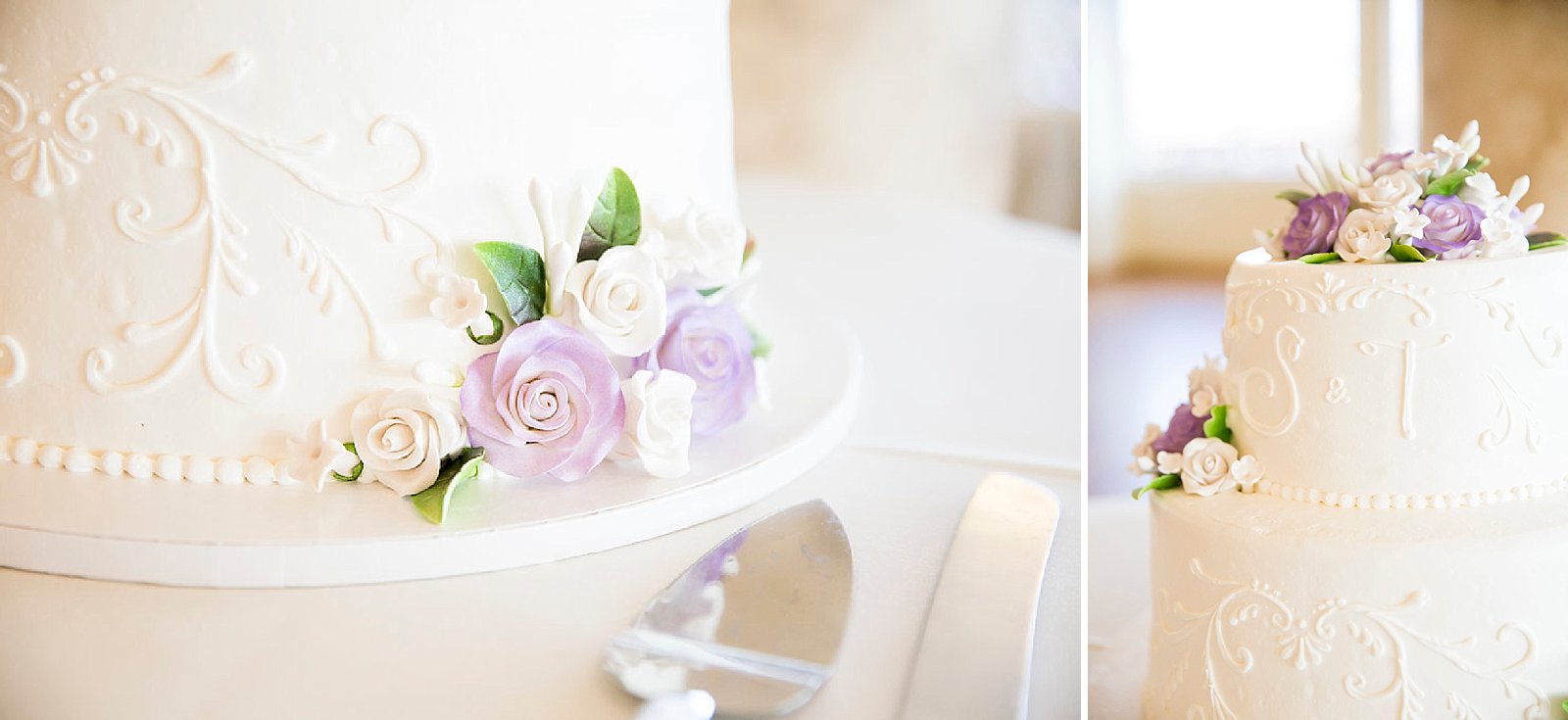 white and purple wedding cake at Falkner Winery photographed by Randi Michelle Photography