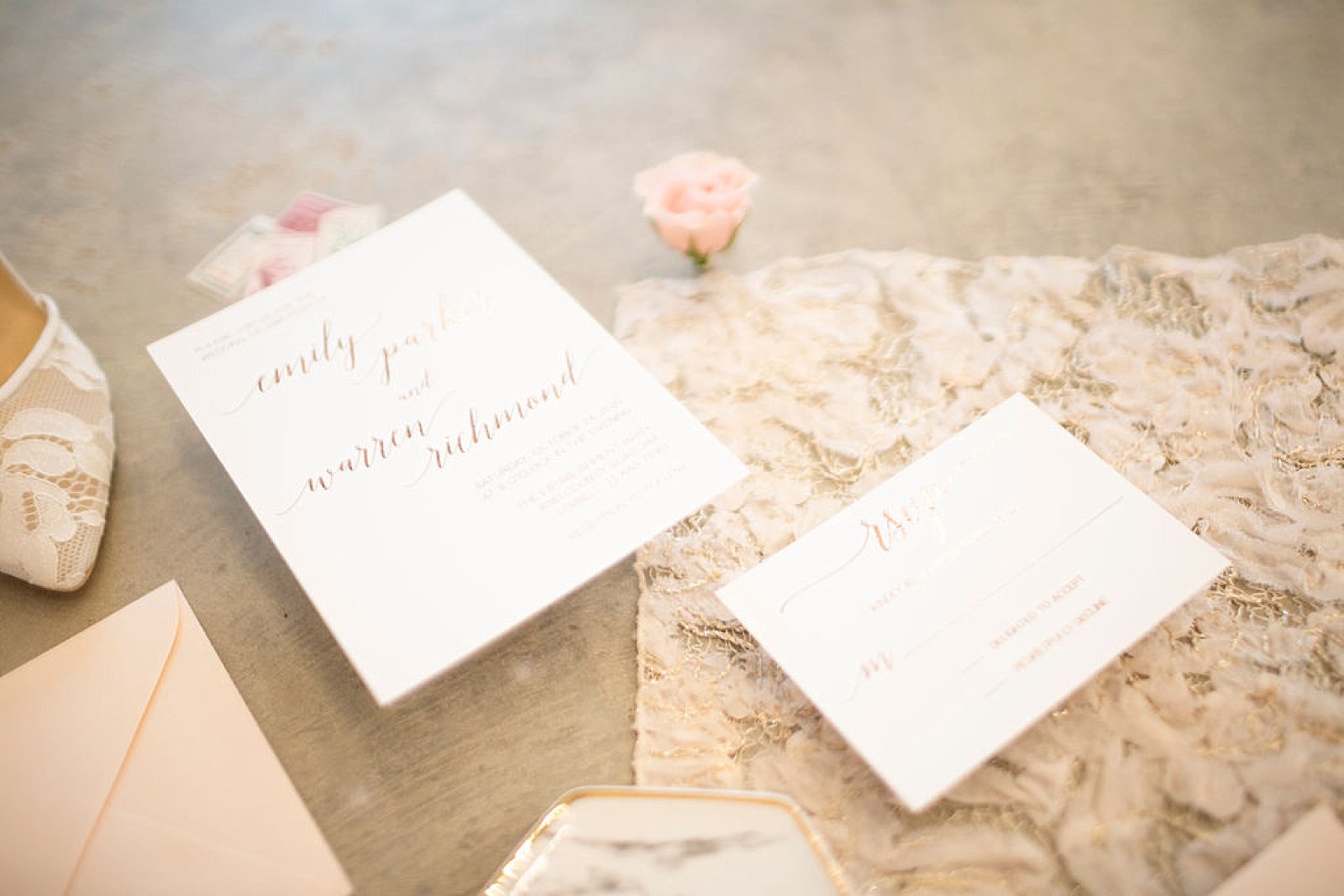 ivory and gold wedding invitation suite photographed by Randi Michelle Photography