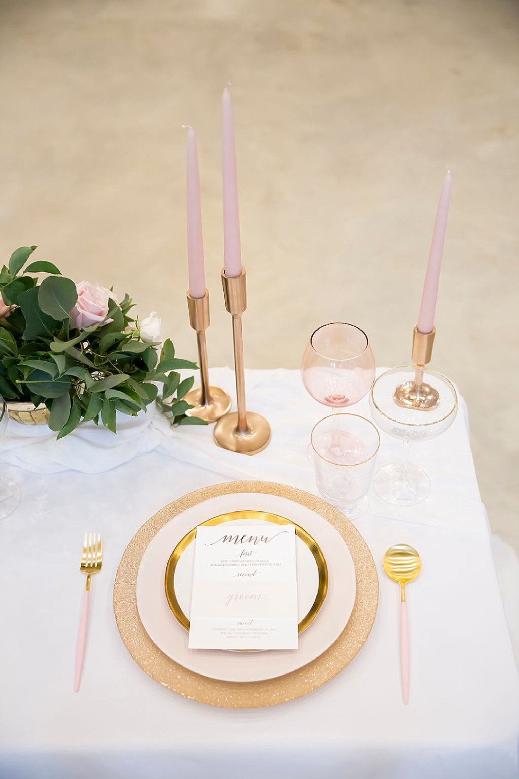 gold and blush wedding details photographed by Randi Michelle Photography at Dallas TX wedding venue the Establishment Barn