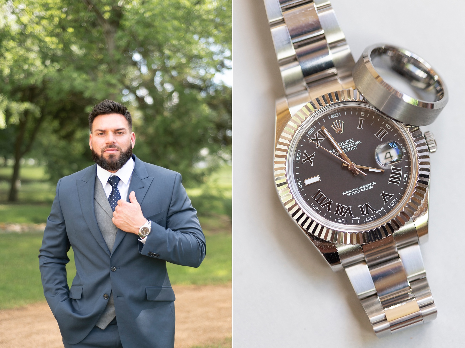 groom poses with new watch for TX wedding photographer Randi Michelle