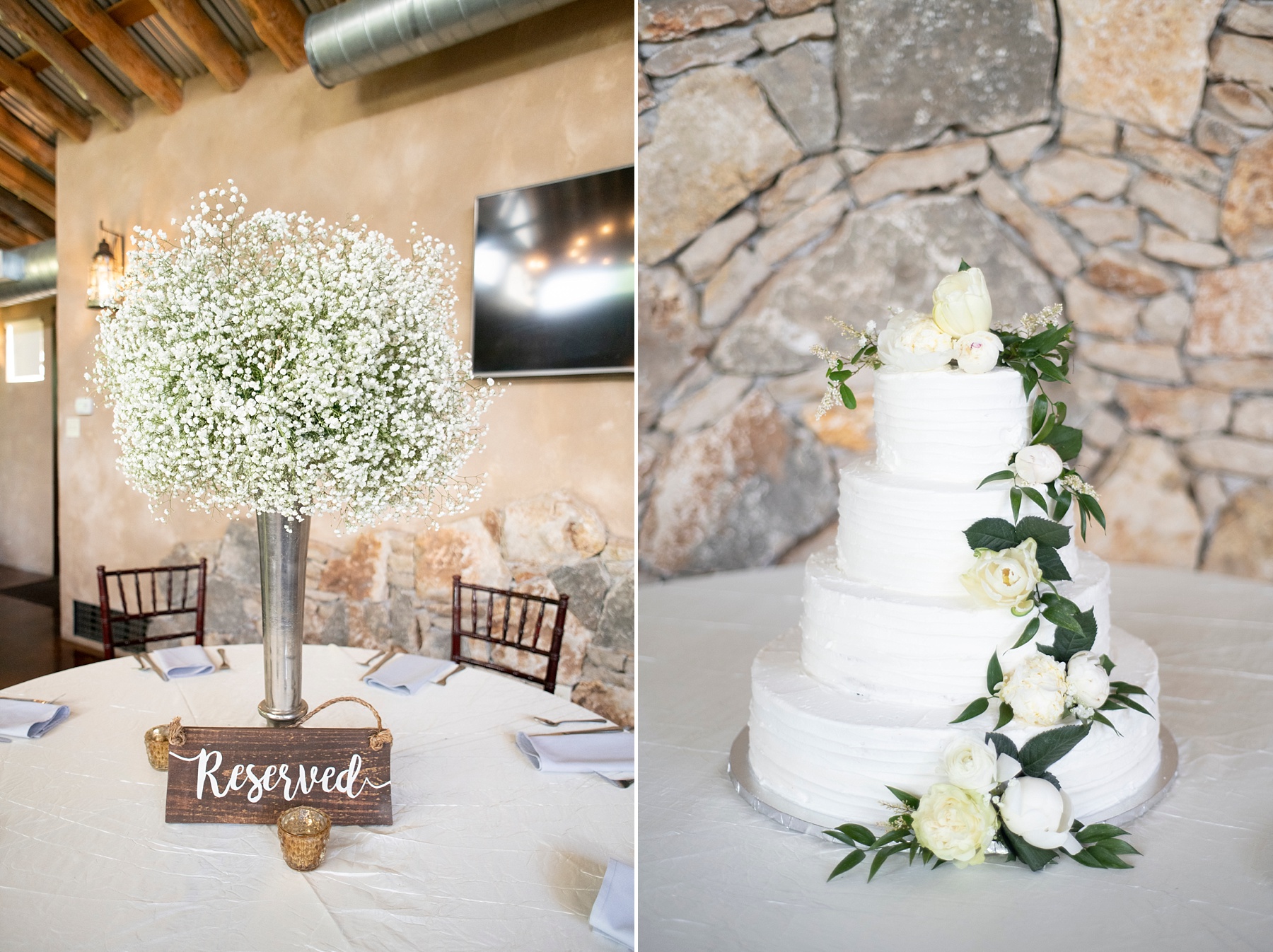 baby's breath centerpieces and wedding cake photographed by Randi Michelle