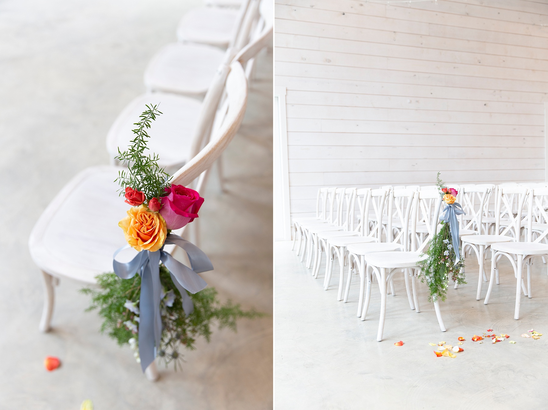 wedding ceremony floral details to mark first row photographed by Randi Michelle Weddings