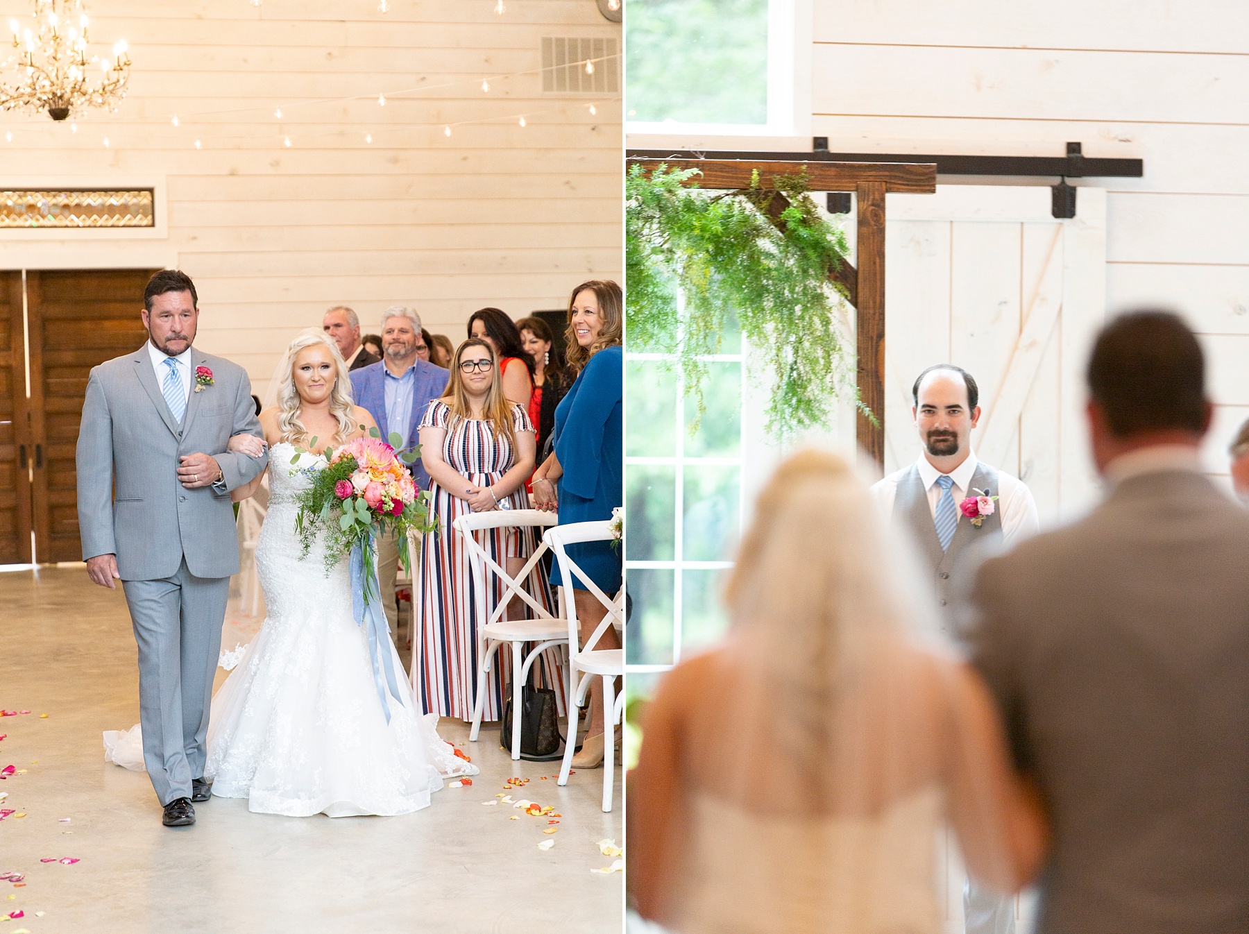 bride walks down aisle with father and groom's first look at bride photographed by Randi Michelle Weddings