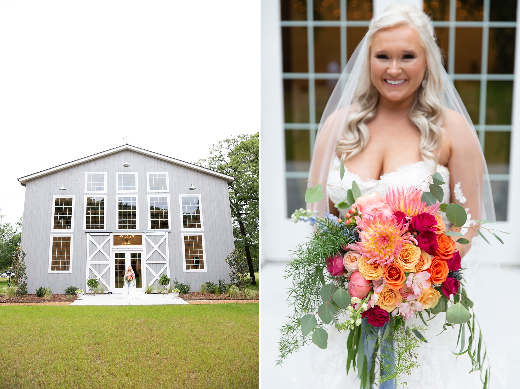 Randi Michelle Weddings photographs Dallas TX bridal portraits with bright orange, pink, and red bouquet