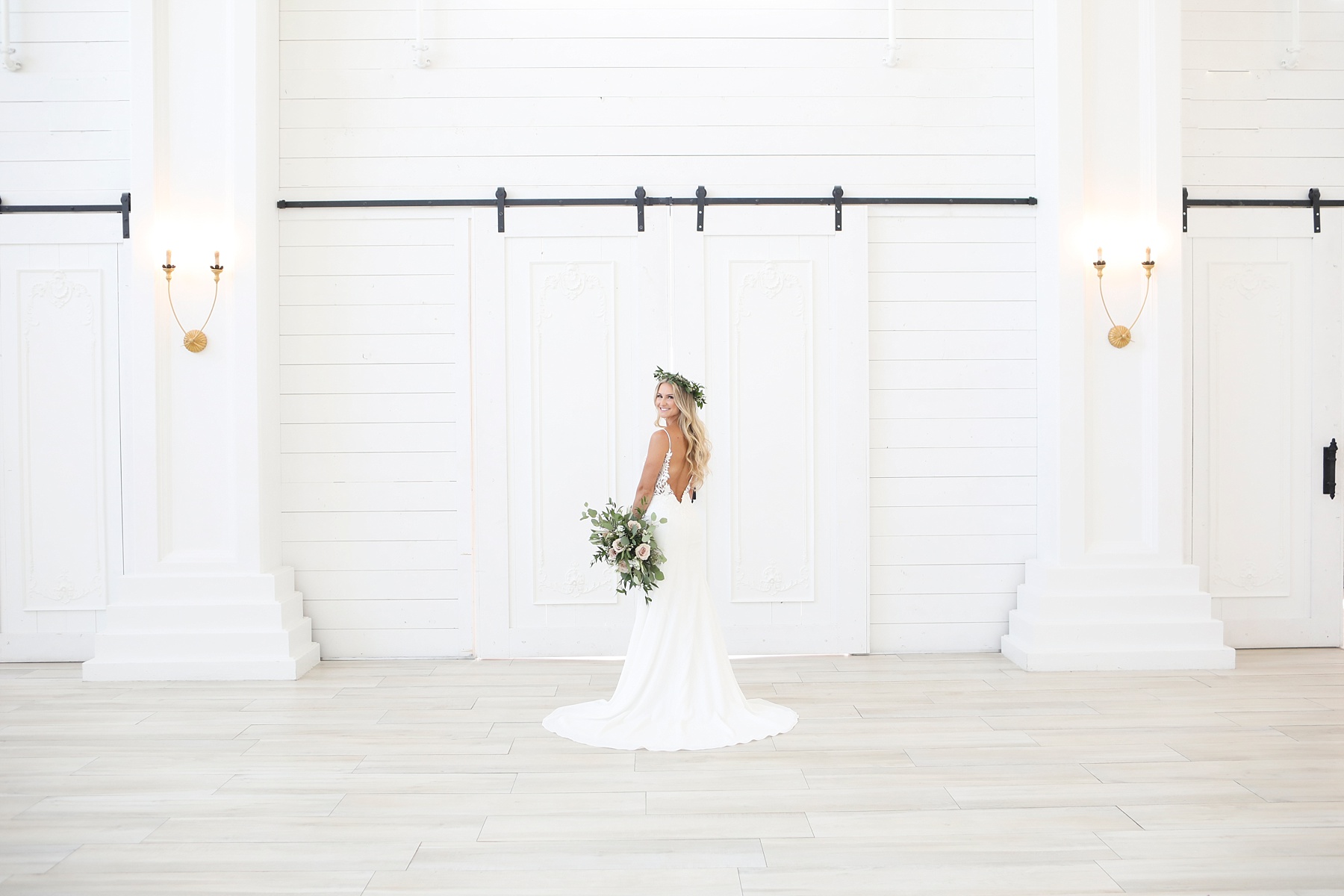 bridal portraits in all white room at The Nest at Ruth Farms photographed by Randi Michelle