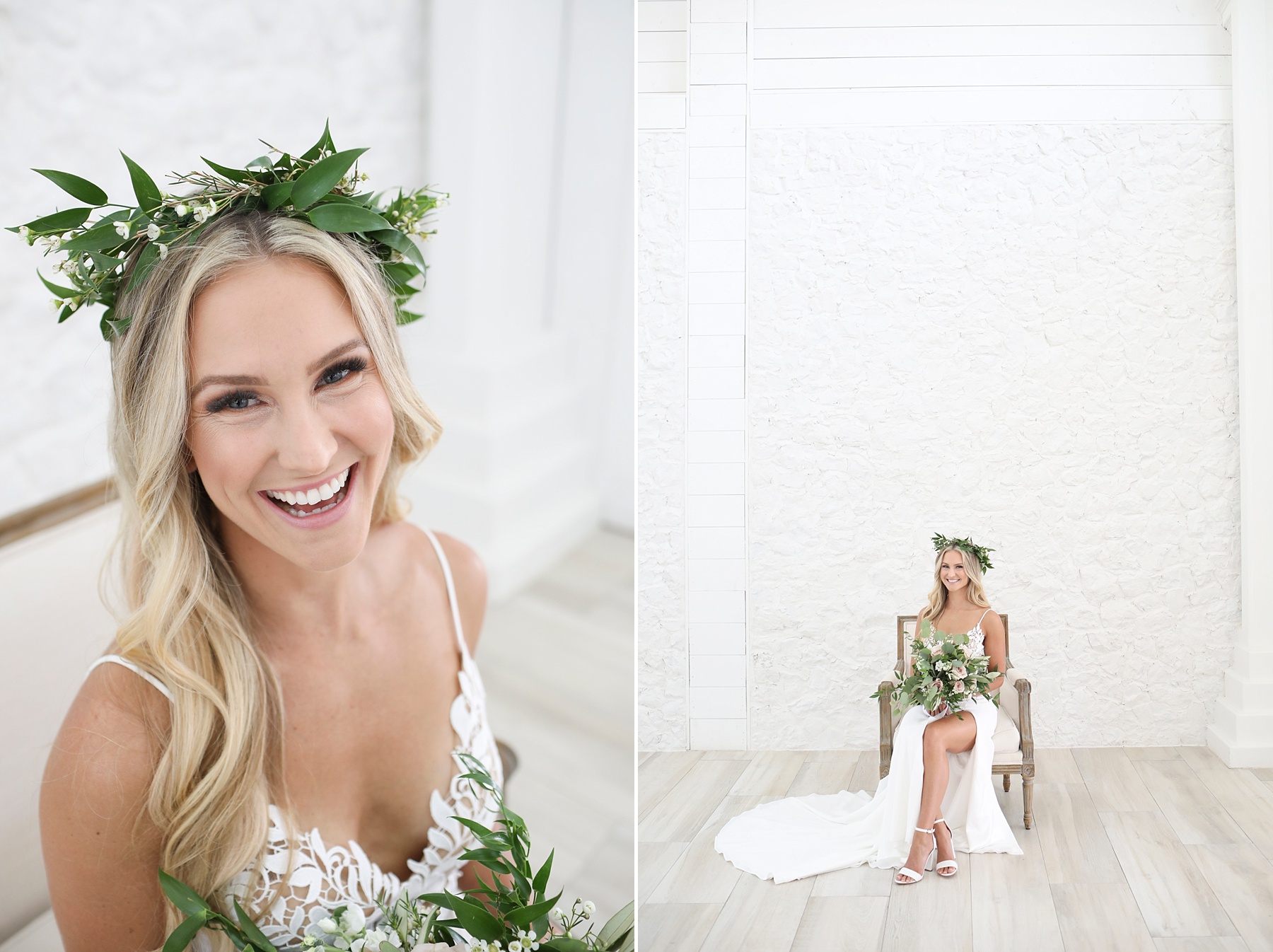 bride laughs during bridal portraits while wearing flower crown photographed by Randi Michelle