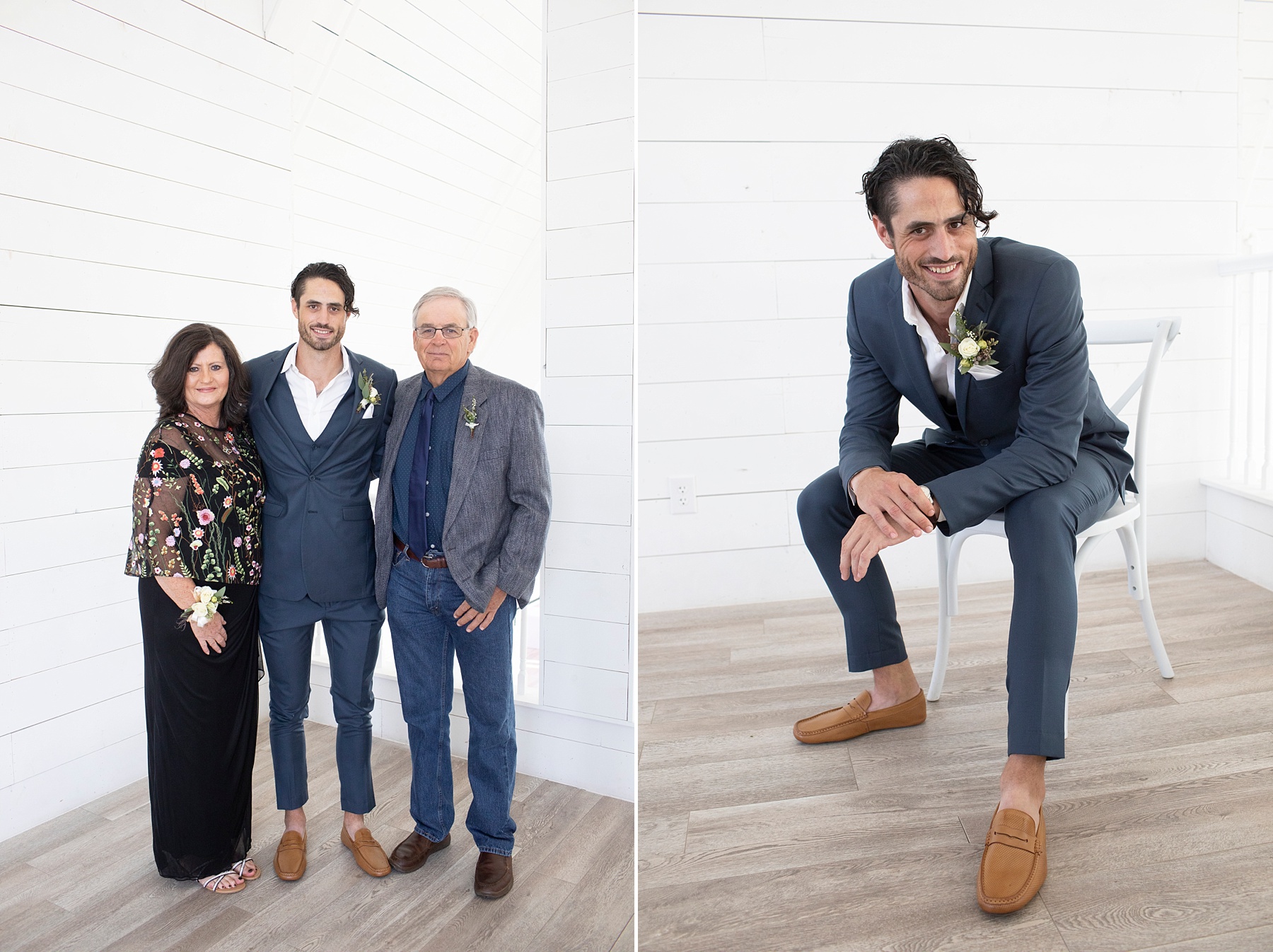 groom poses with parents in blue suit photographed by Randi Michelle
