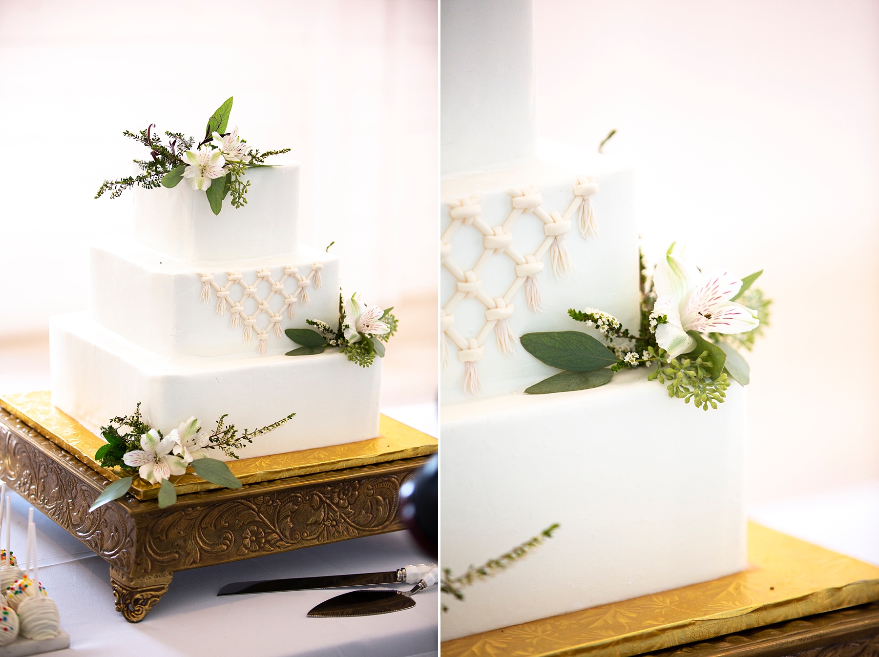 three tiered wedding cake with macrame details photographed by Randi Michelle