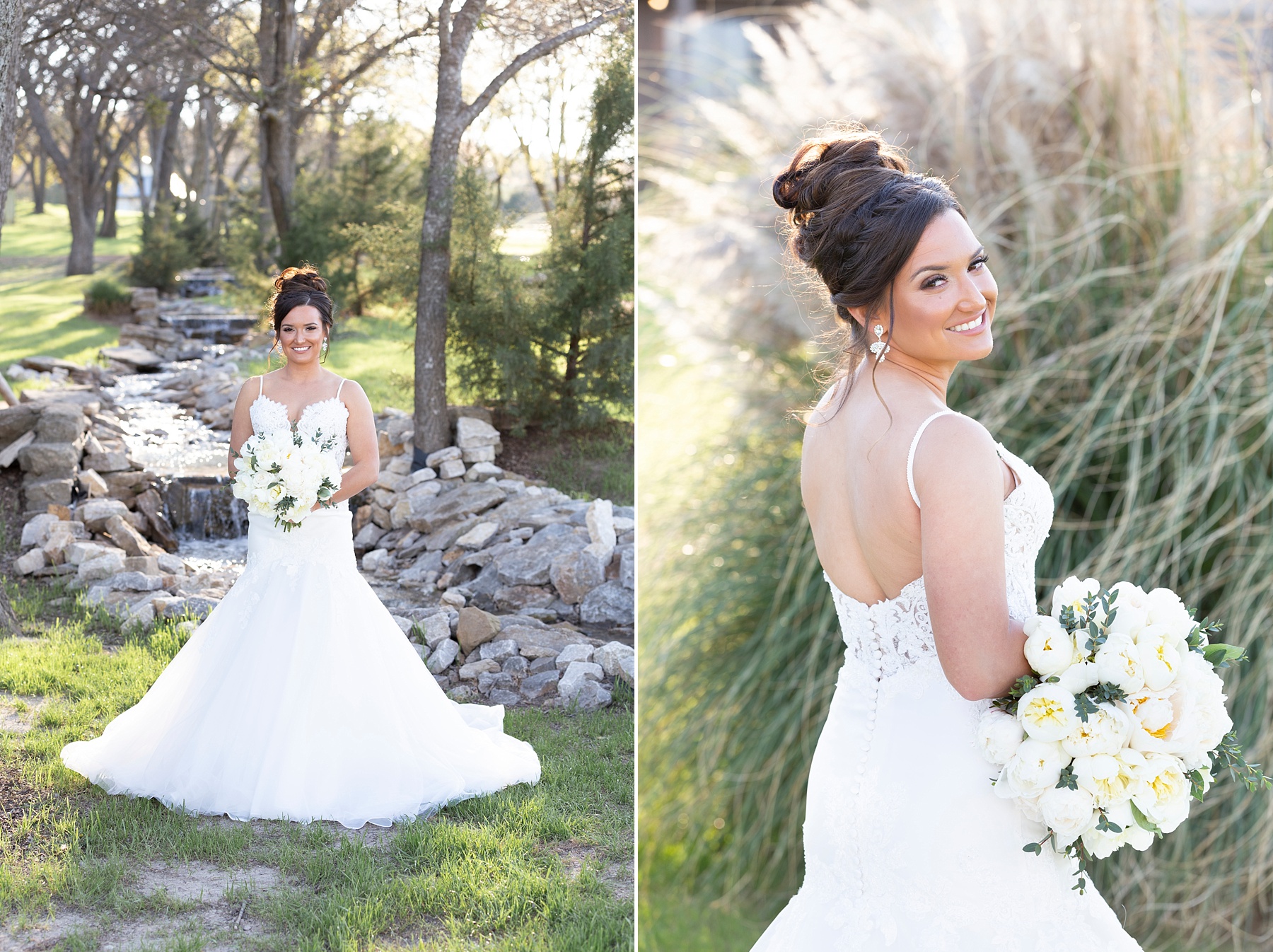 Randi Michelle photographs bride-to-be in lace gown with all-white wedding bouquet in Fort Worth TX