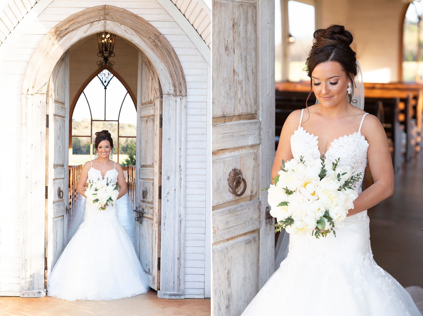 Randi Michelle photographs bride-to-be with all-white bouquet inside vintage chapel at The Brooks at Weatherford