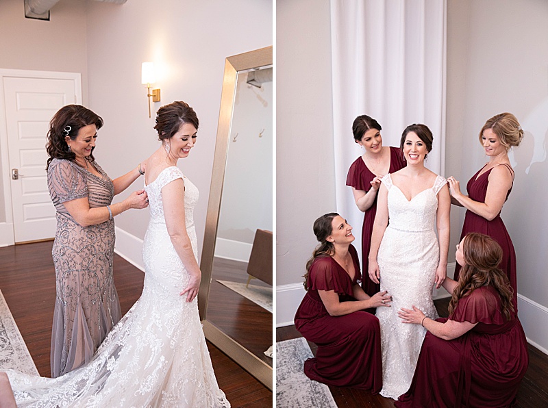 bride prepares for wedding day with bridesmaids and mother