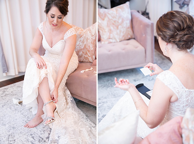 bride puts on shoes before TX wedding day