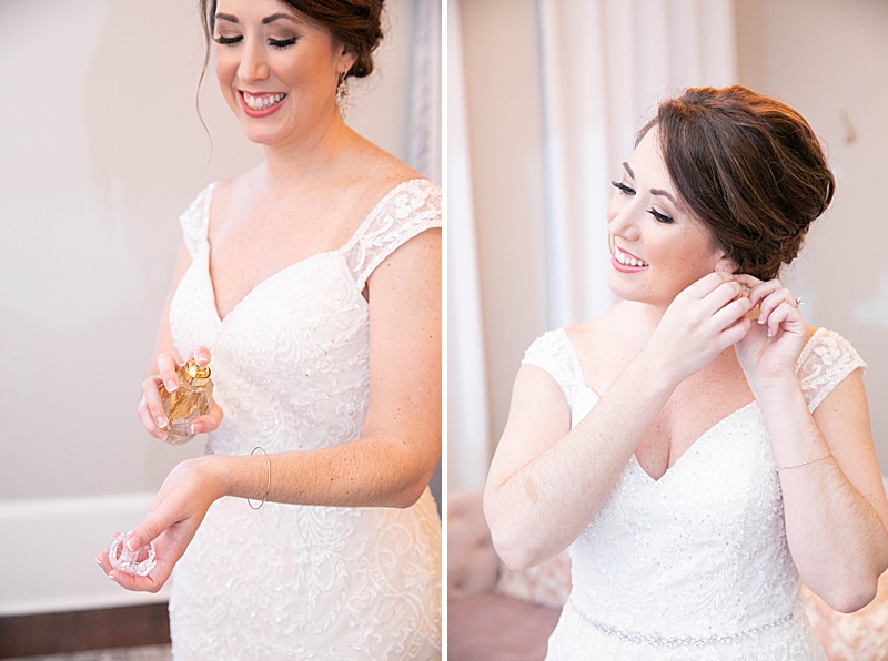 bride puts on perfume and earrings