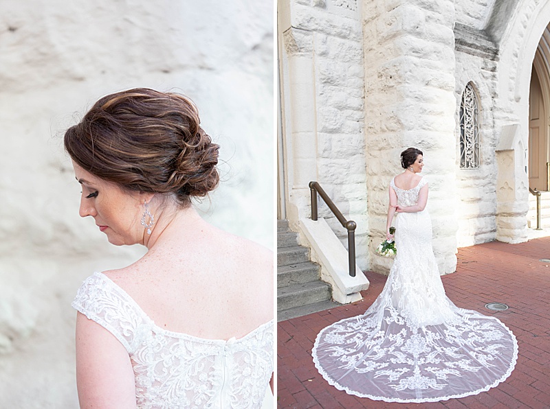 bridal portrait with lace gown outside church by Randi Michelle