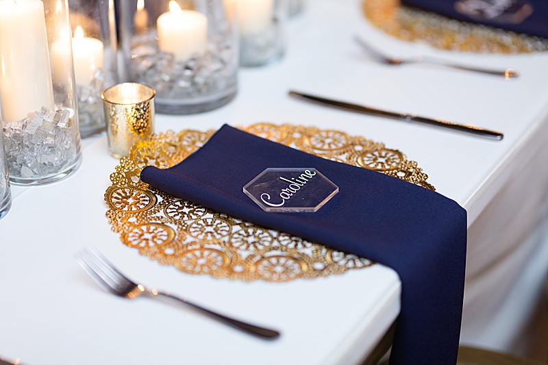 navy and gold wedding reception details at Century Hall