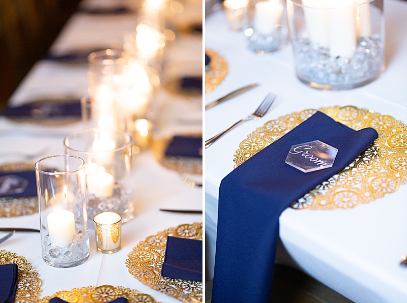 navy and gold place settings for Century Hall reception