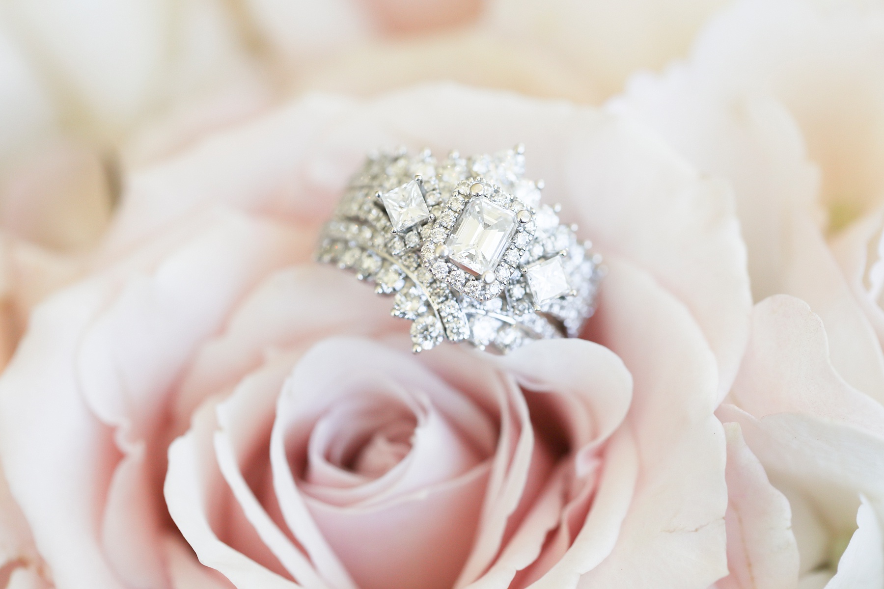 wedding ring rests on pale pink rose