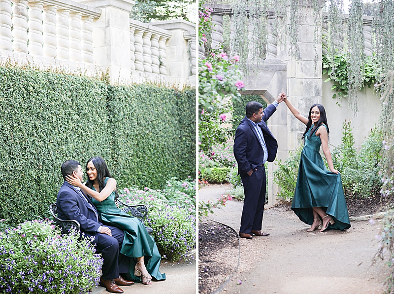 couple dances next to ivy covered wall in Dallas TX