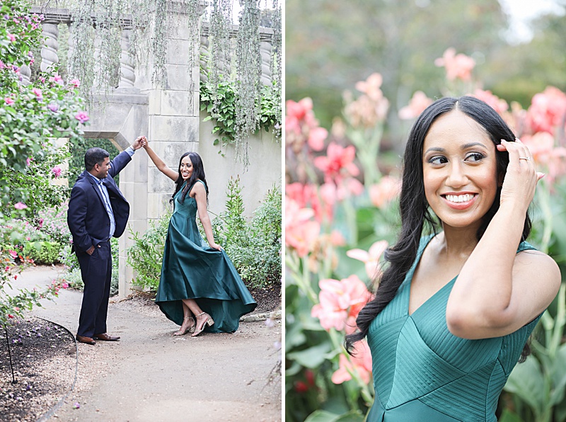 spring engagement portraits with bride in emerald green gown