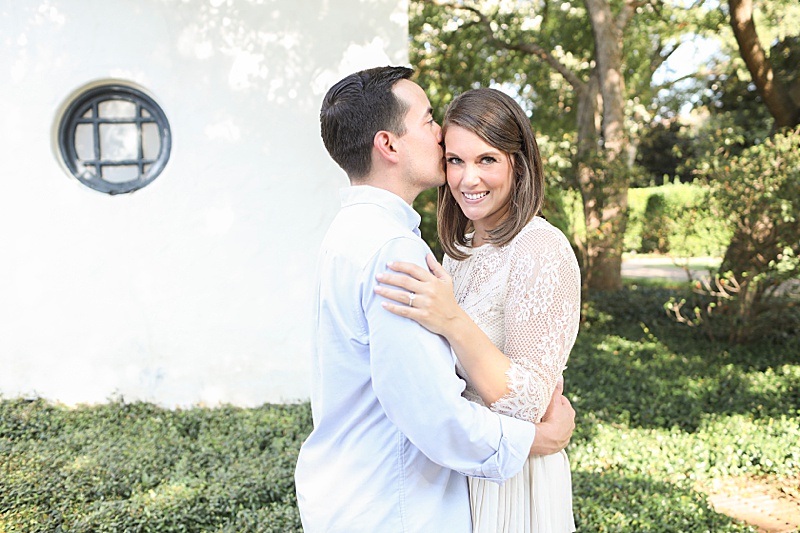 Dallas Arboretum engagement session with couple in white shirts