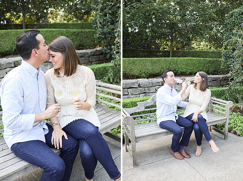 engagement session in Dallas Arboretum with champagne