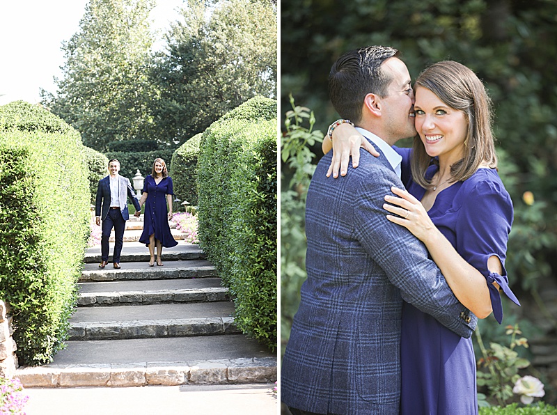 couple walks down steps and hugs at Dallas Arboretum