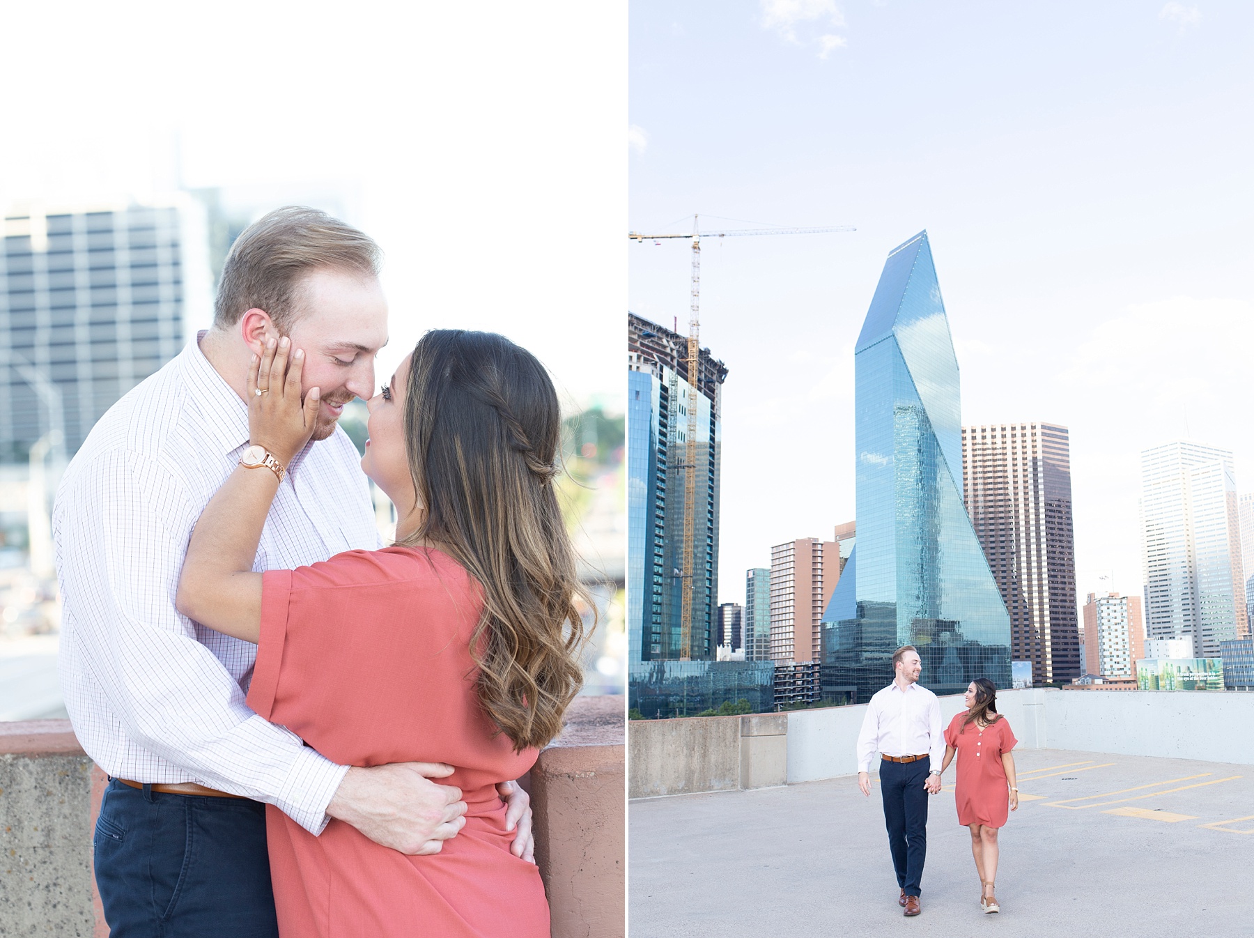 Dallas skyline engagement session with bride and groom