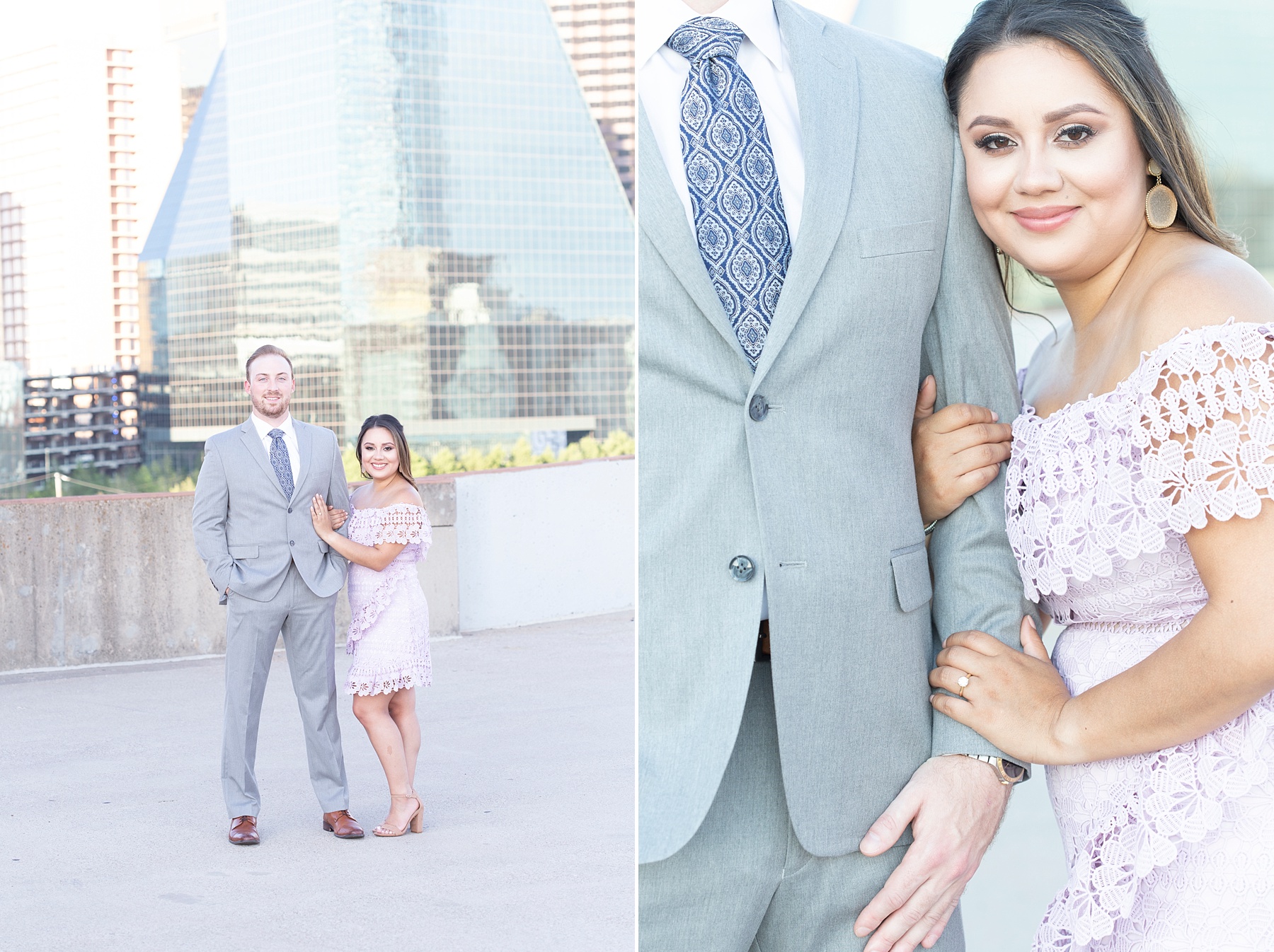 Randi Michelle Weddings photographs bride in purple lace dress and groom in grey suit in front of Dallas skyline