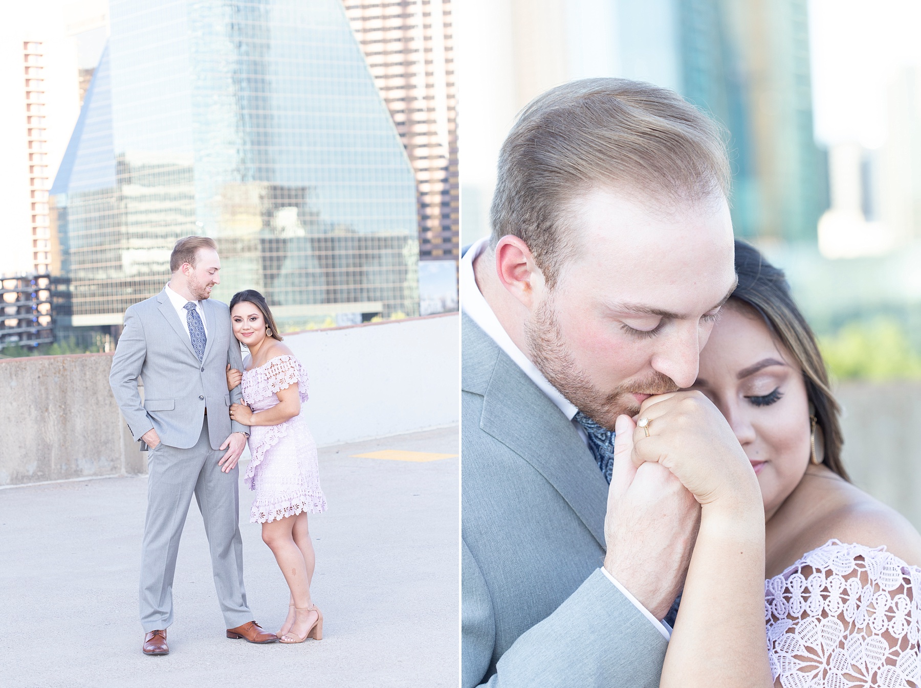 Dallas skyline engagement portraits with TX couple