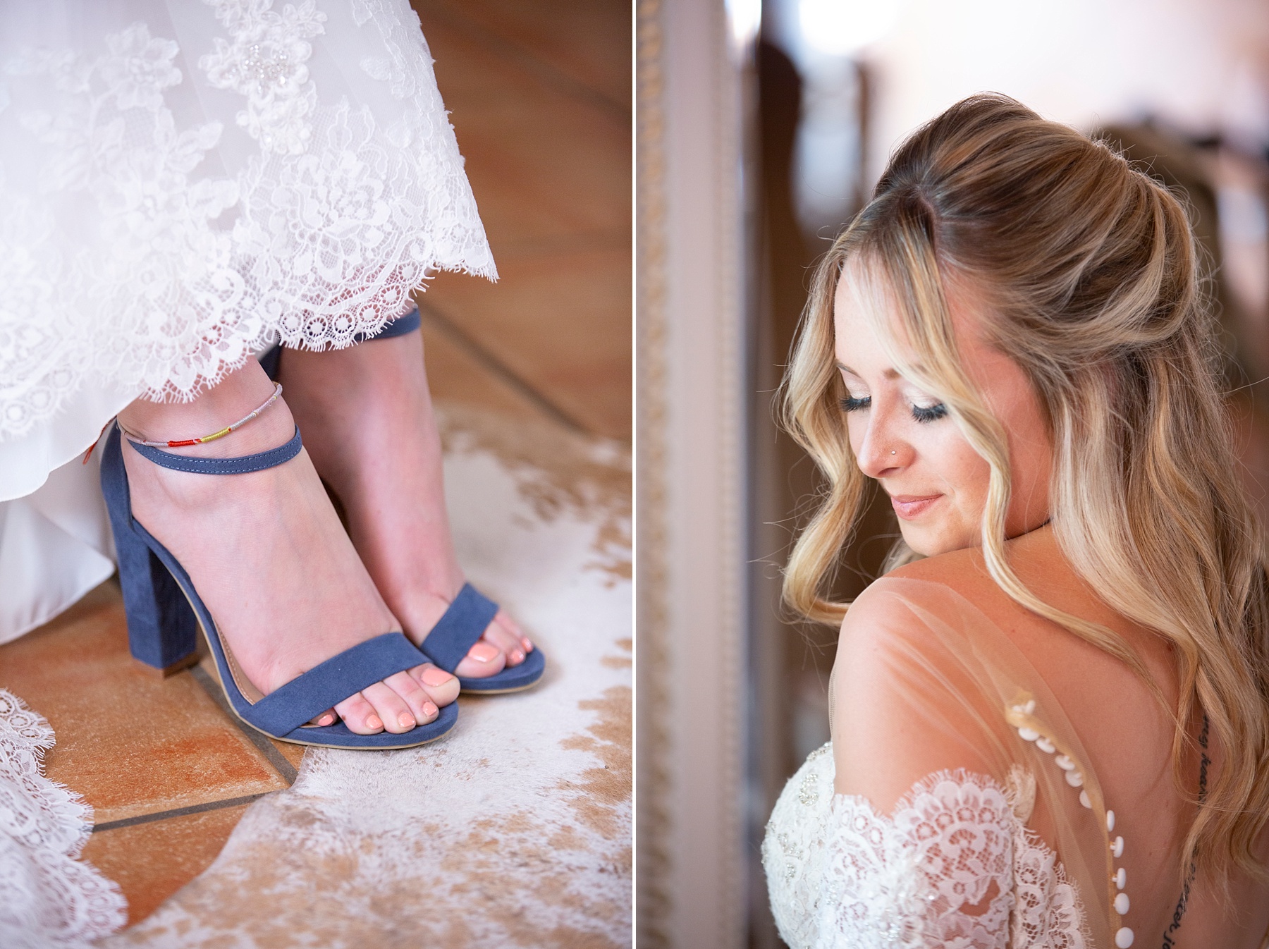 bride's blue shoes photographed by Randi Michelle Weddings