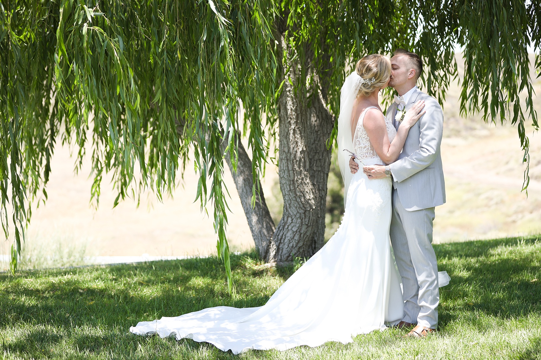 bride with veil kisses groom under willow tree