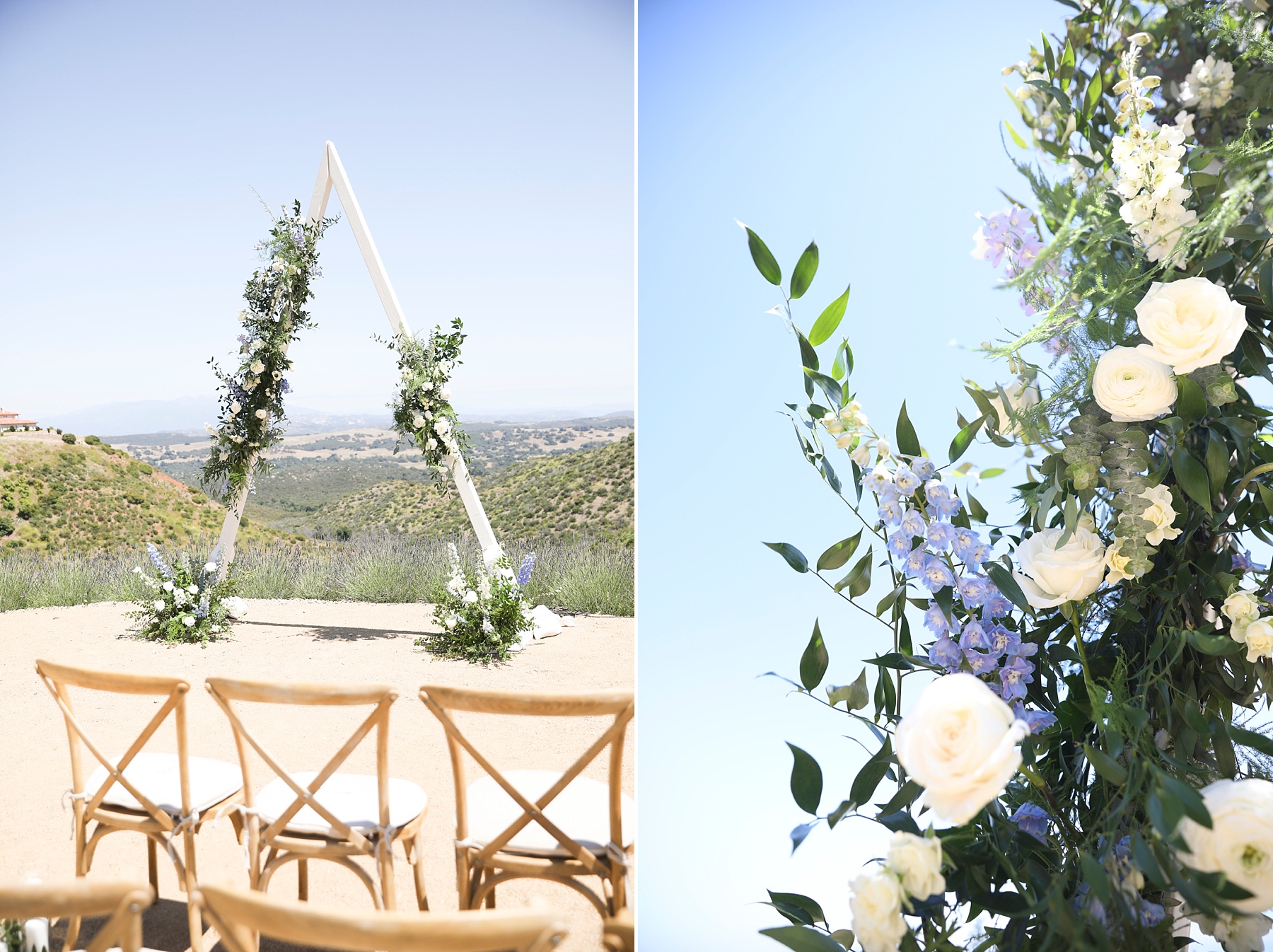 modern triangle arbor with purple and white flowers photographed by Randi Michelle Weddings