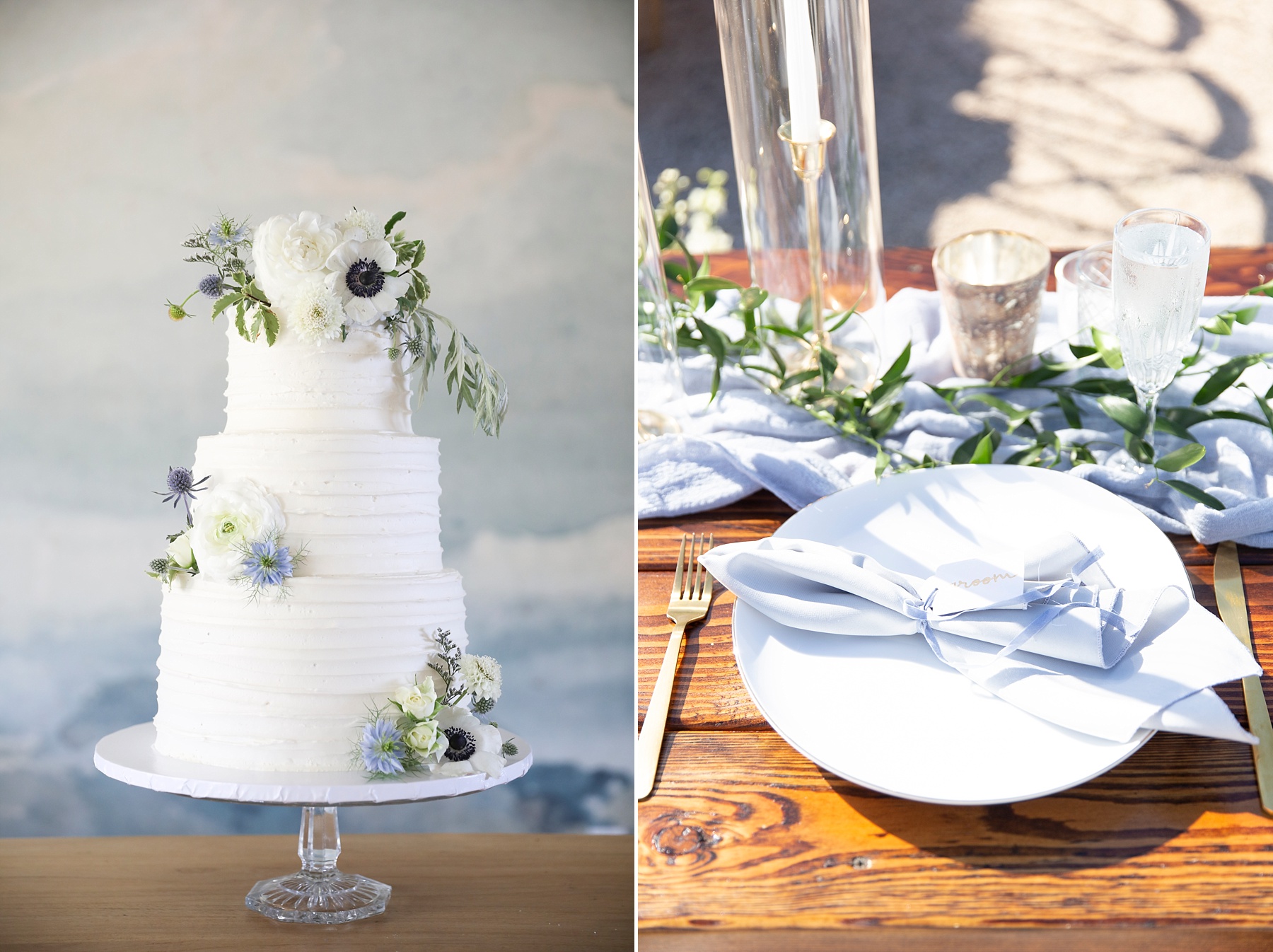 wedding cake and ivory plate with blue details for reception at Providence Plateau