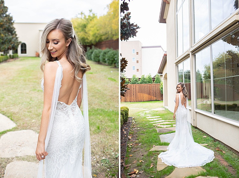 bride looks over shoulder during bridal portraits in Texas