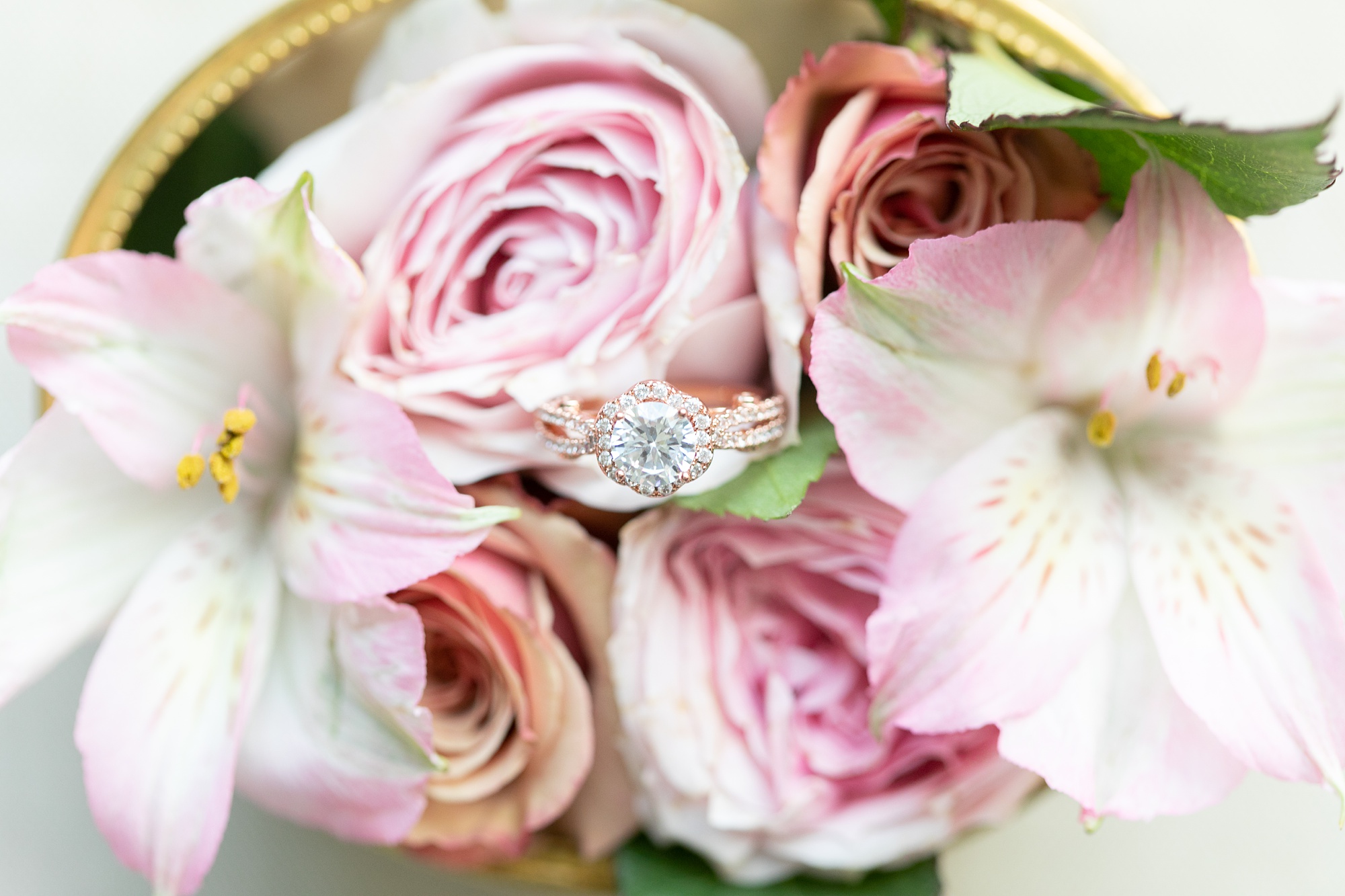 wedding ring on pink roses during Dallas Fort Worth Branding Session