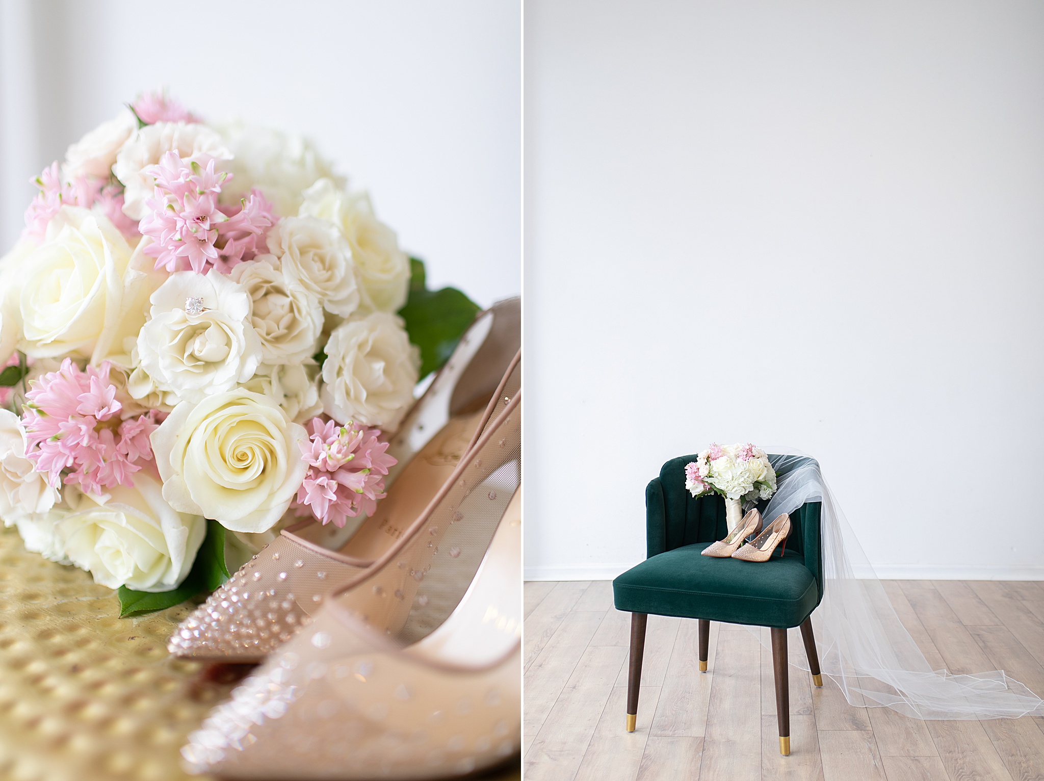 bride's pink and ivory wedding bouquet with Louboutin shoes
