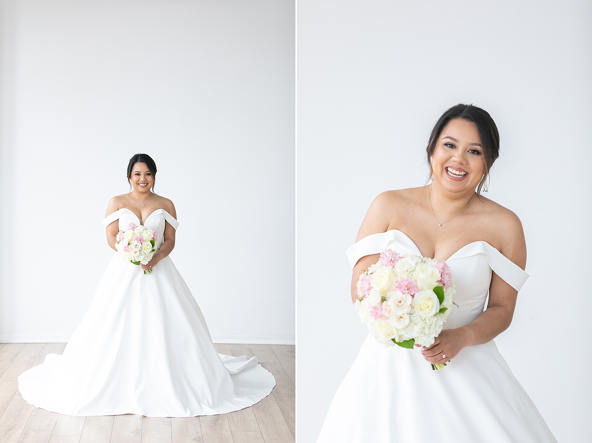 bride holds pastel pink and ivory wedding bouquet during modern bridal portraits