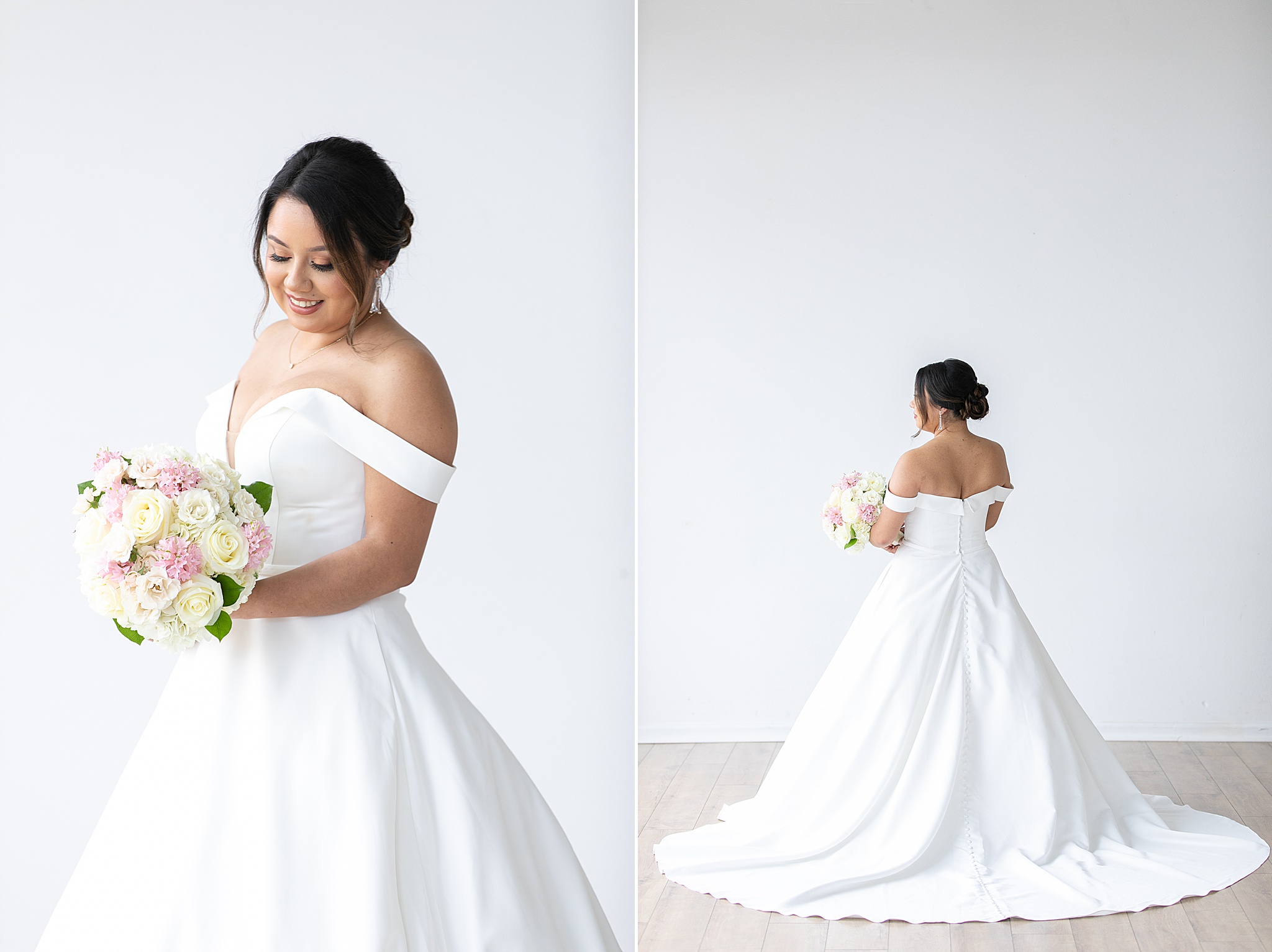 Texas bride in modern gown poses in Dallas Lumen Room