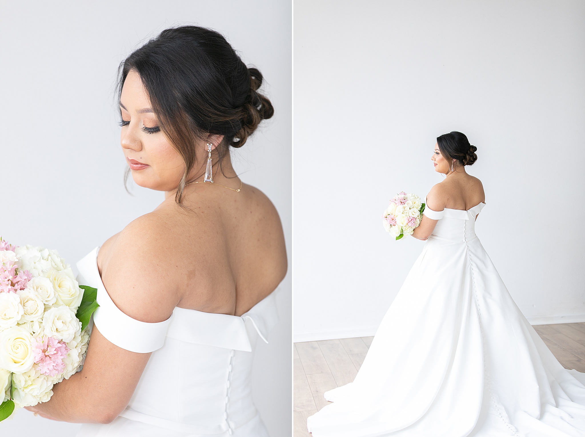 bride looks over shoulder with bouquet during bridal portraits