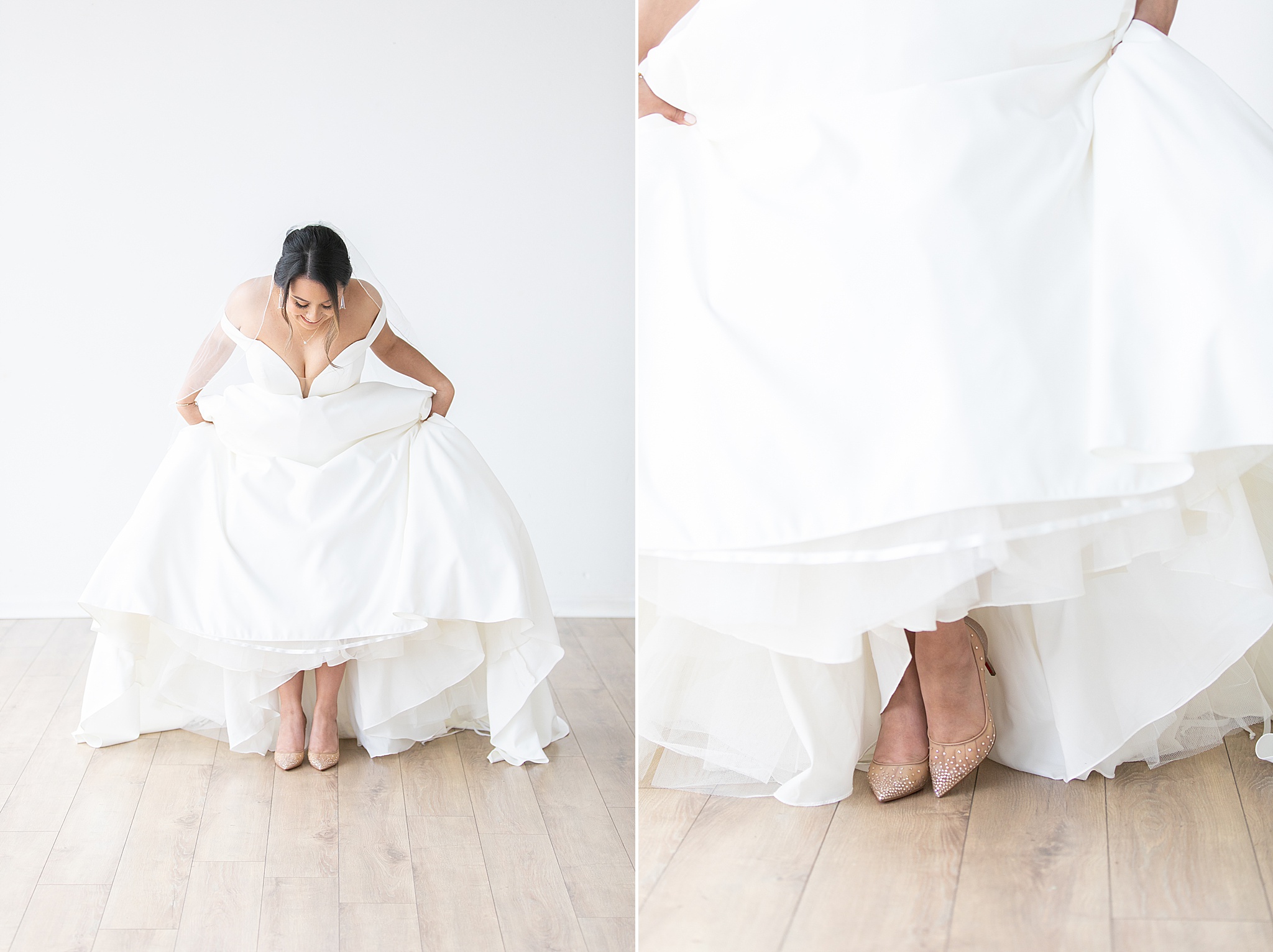 bride lifts up wedding dress skirt to show off Louboutin shoes