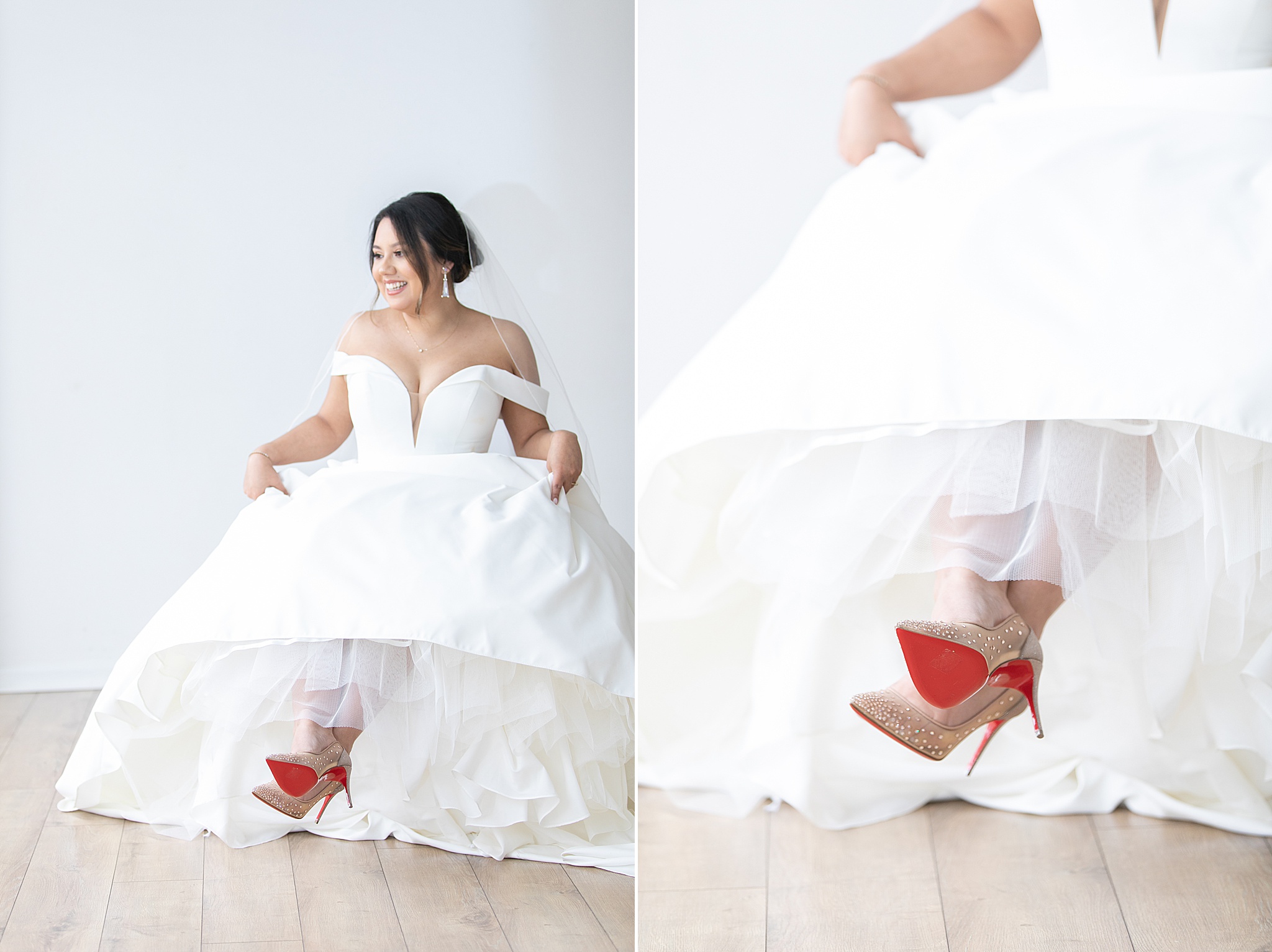 bride shows off red bottoms of Louboutin shoes