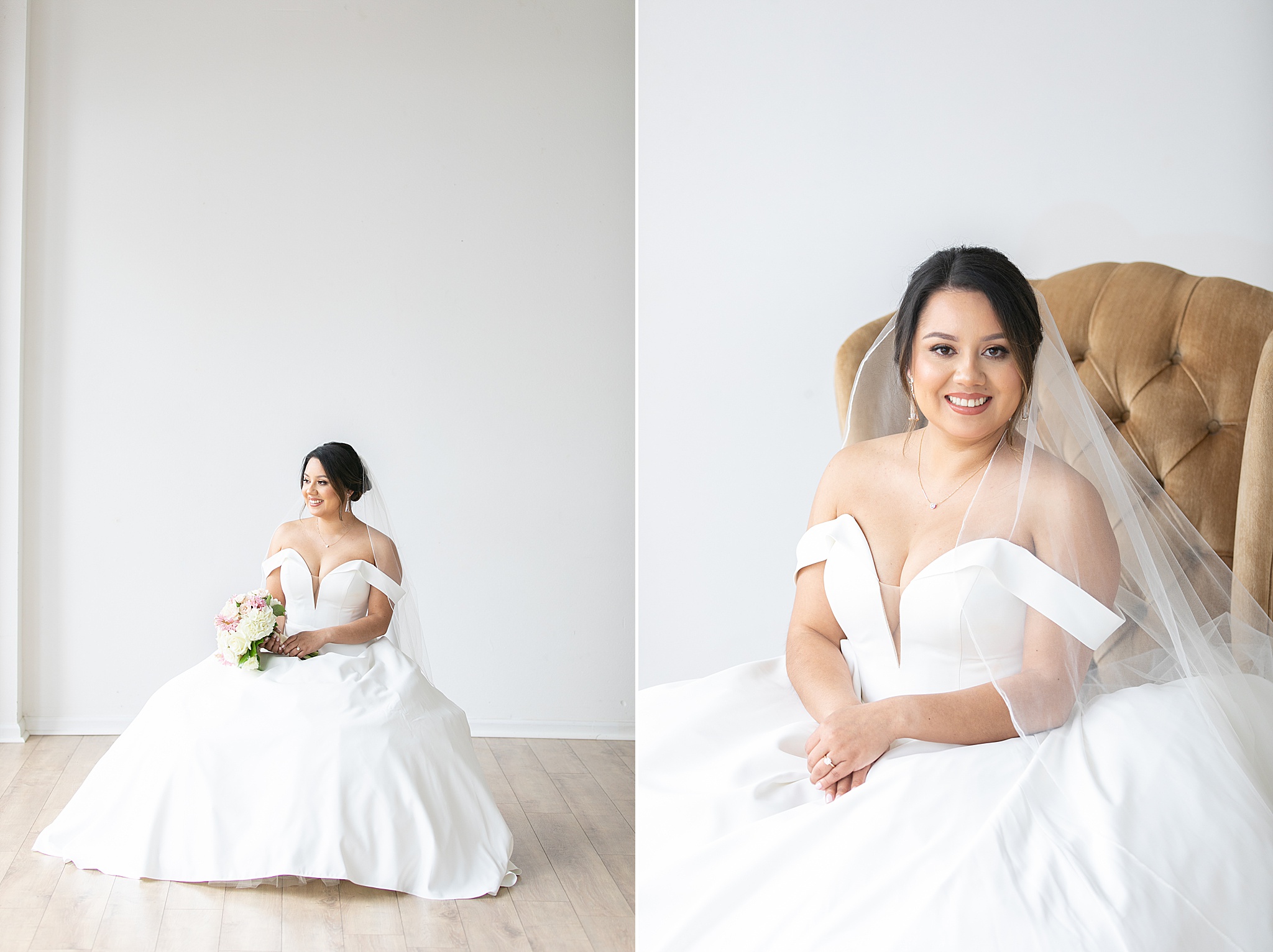 Dallas Lumen Room bridal session with bride on gold chair