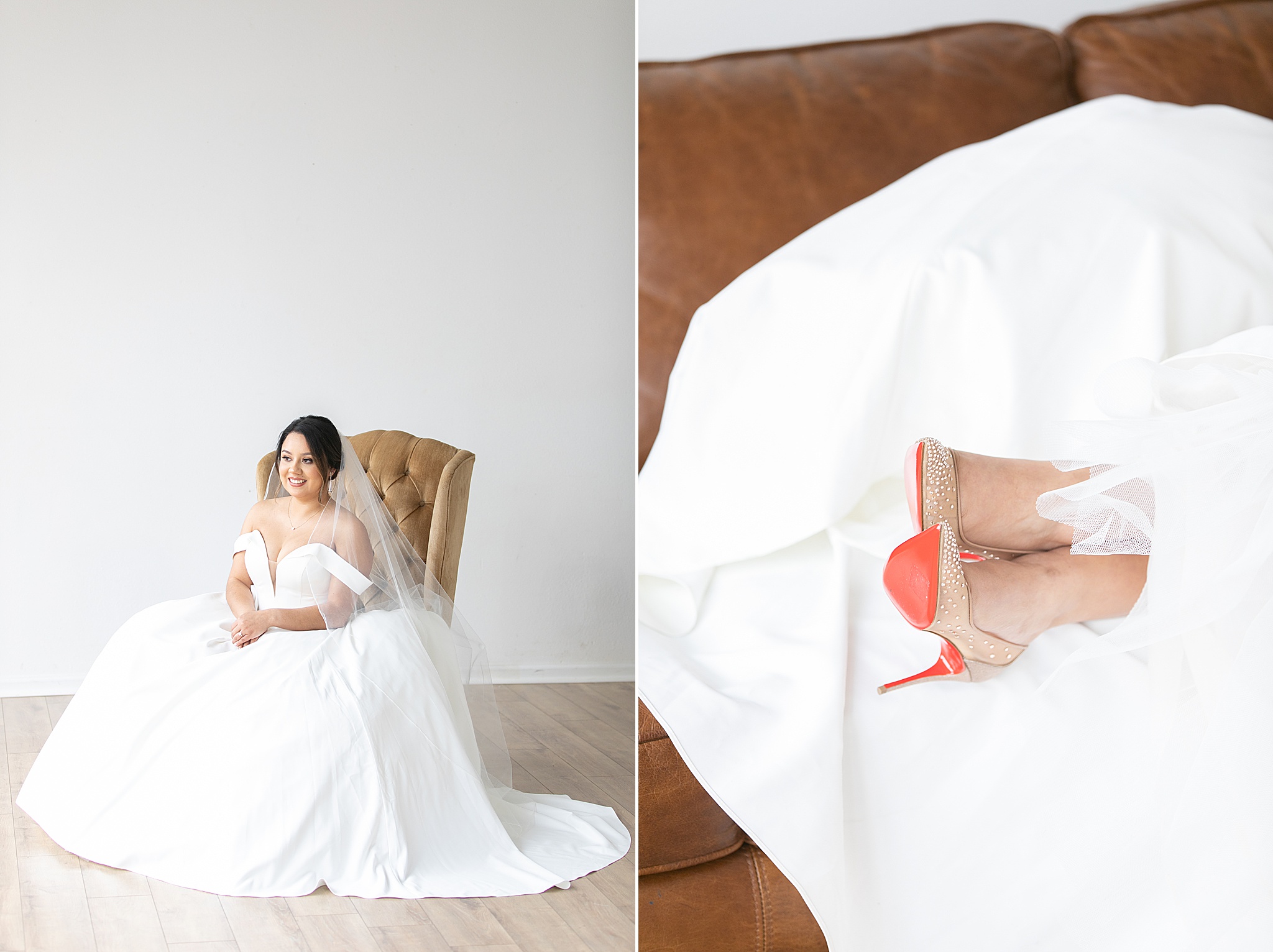 bride in ballgown rests feet on edge of sofa