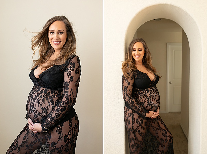 chic maternity session in lace gown