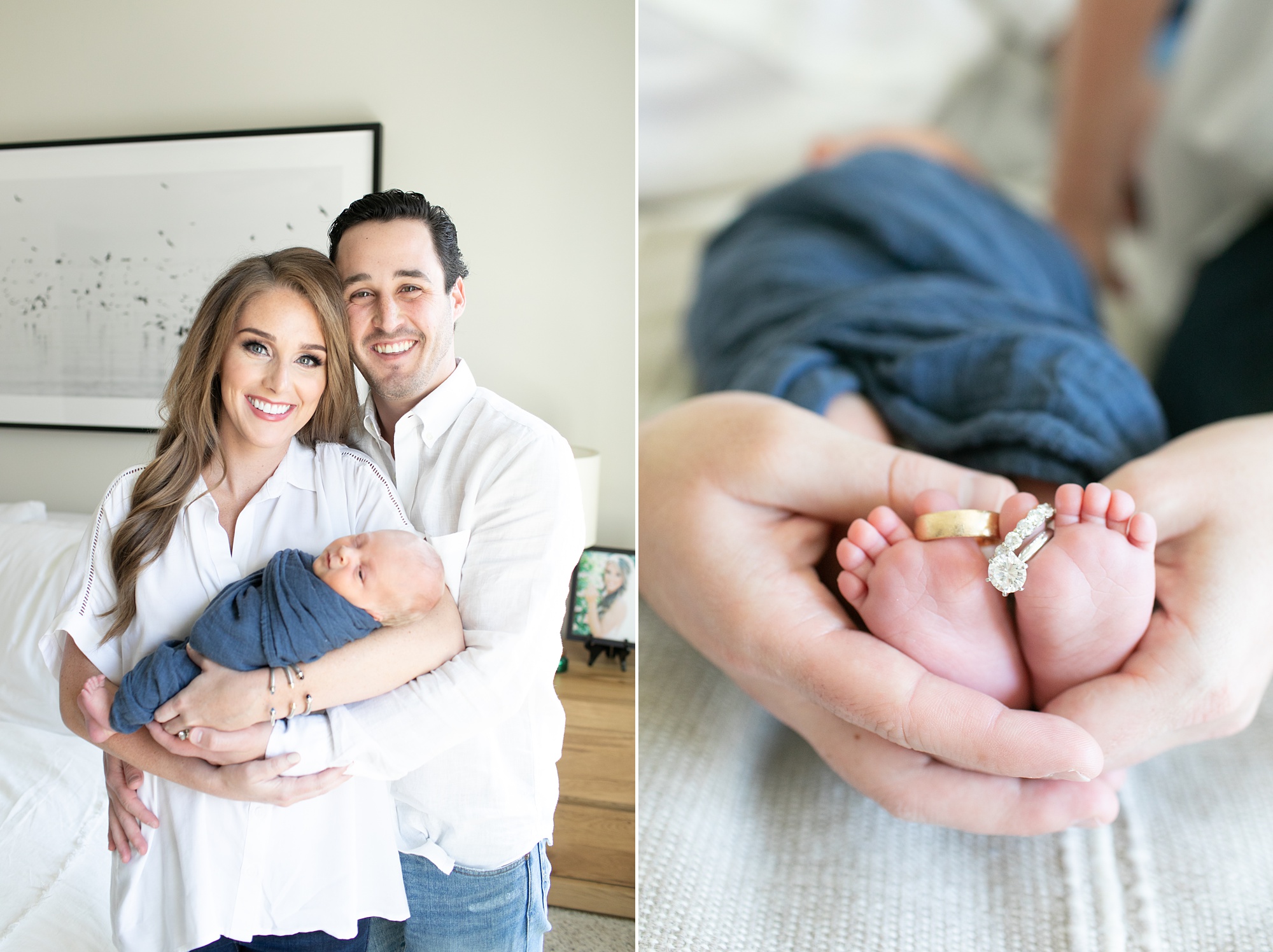 parents hold baby boy while rings rest on his toes