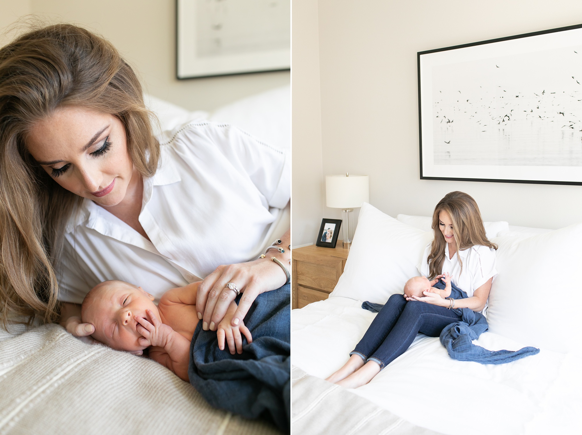 mom sits with son on bed during lifestyle newborn session