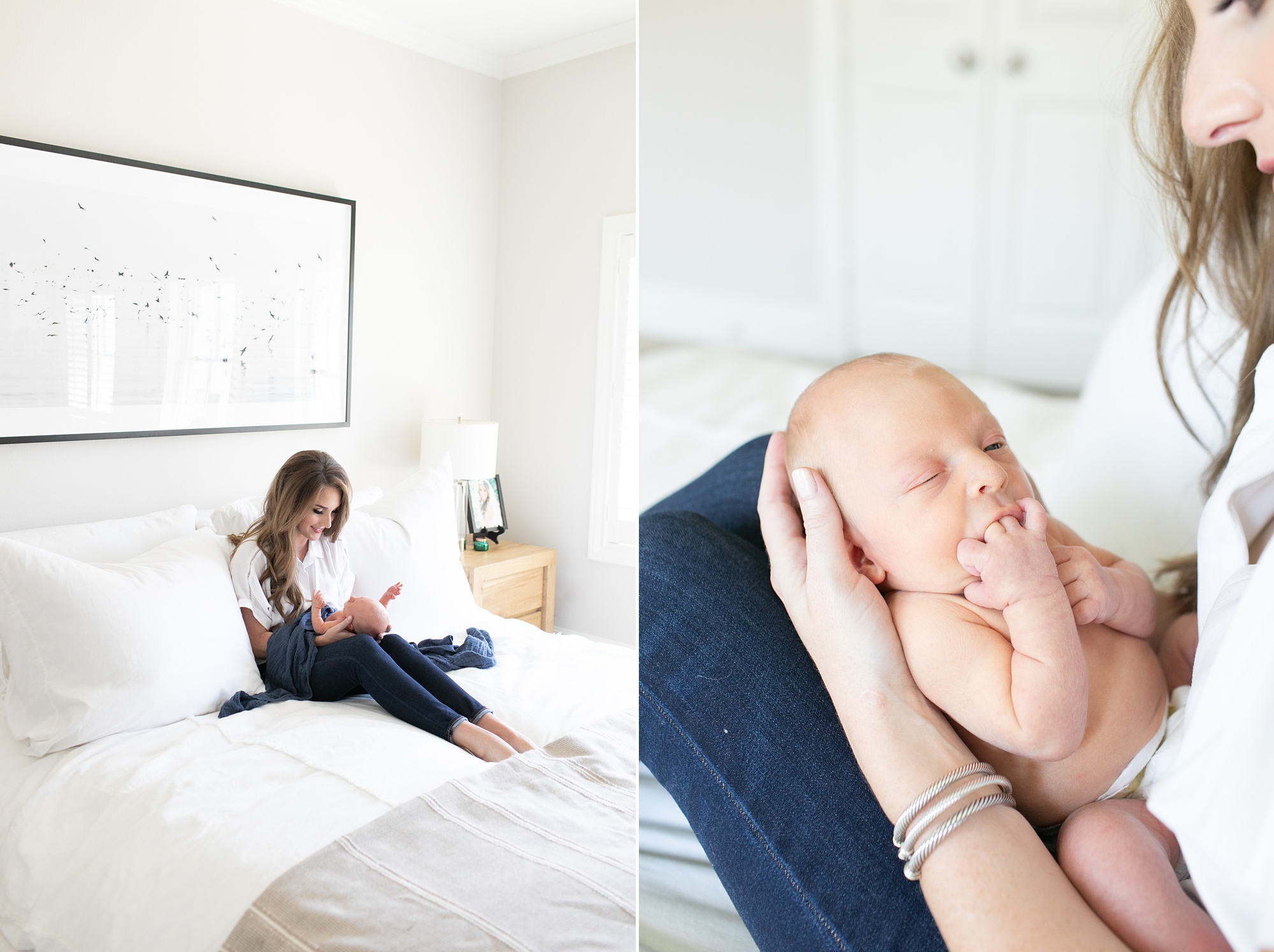 mom holds baby boy for at home photos