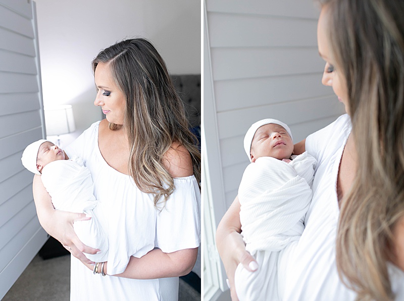mom holds baby boy during Dallas TX Lifestyle Newborn Session