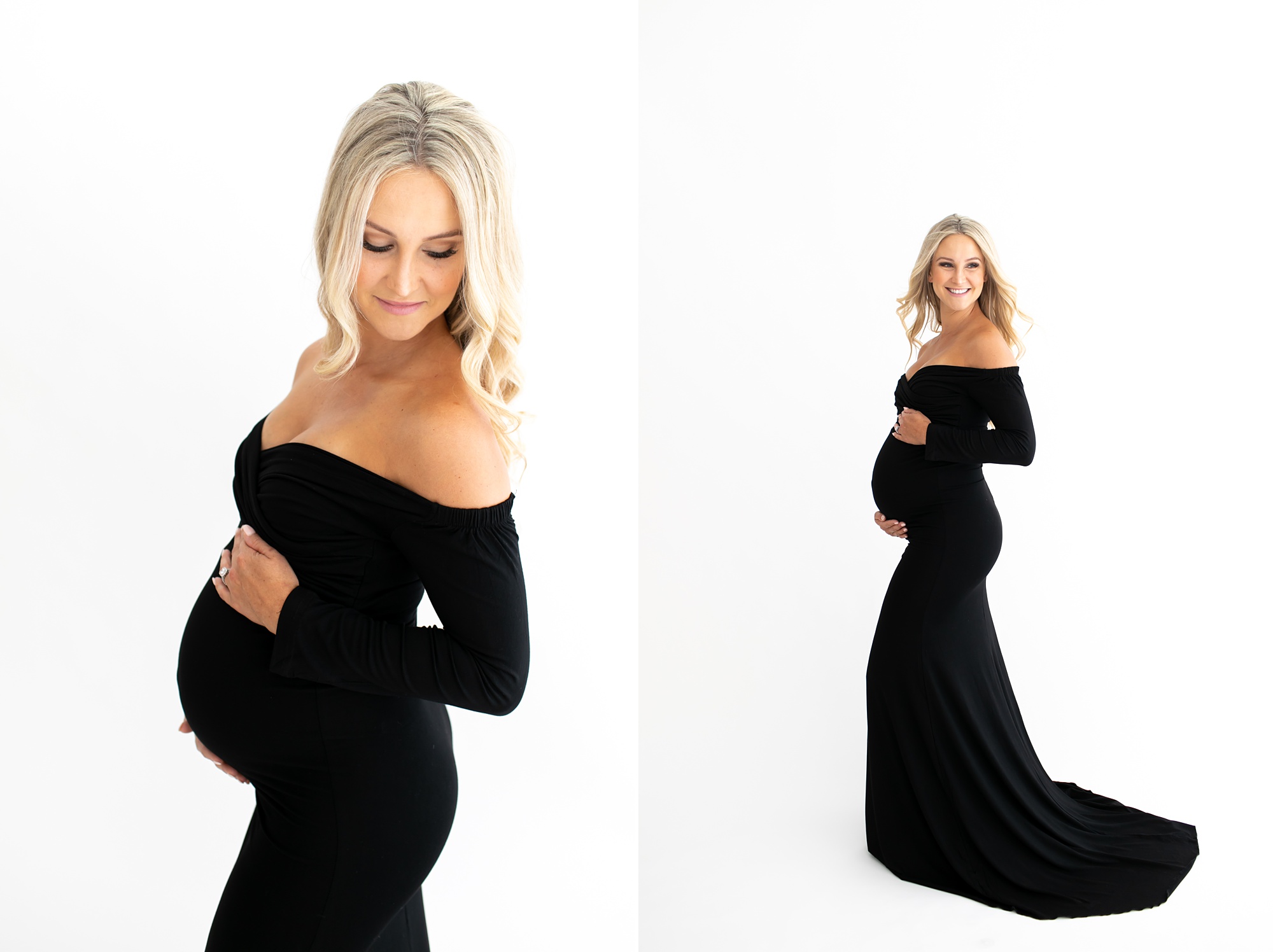 studio maternity session with mom in black gown